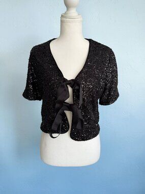 RACHEL ZOE Black Sequin Bow Tie Front Top Size Small
